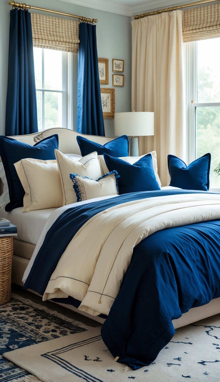 A cozy bedroom with a bed decorated with deep navy pillows and blue and cream bedding, surrounded by matching curtains and decor.