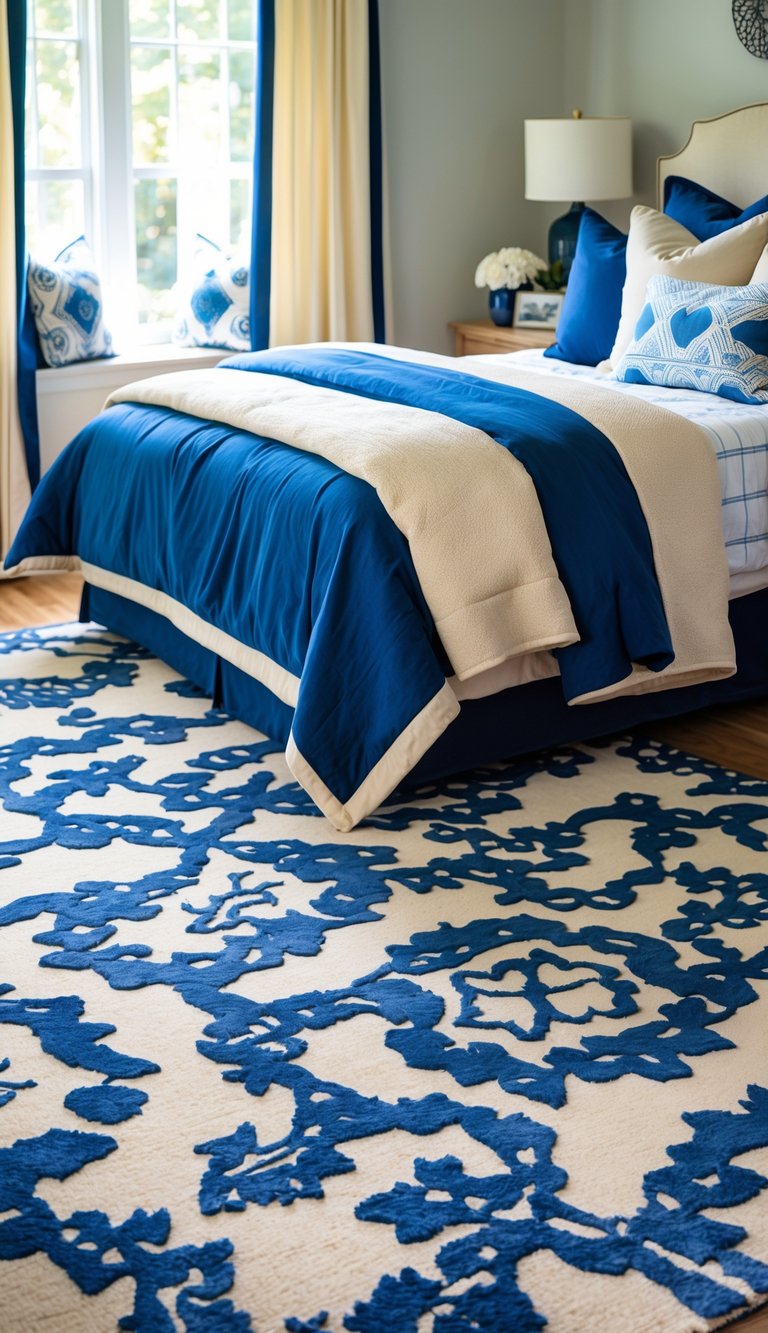 A cozy bedroom with a patterned blue and cream area rug, a bed with matching bedding, and coordinated decor in blue and cream colors.