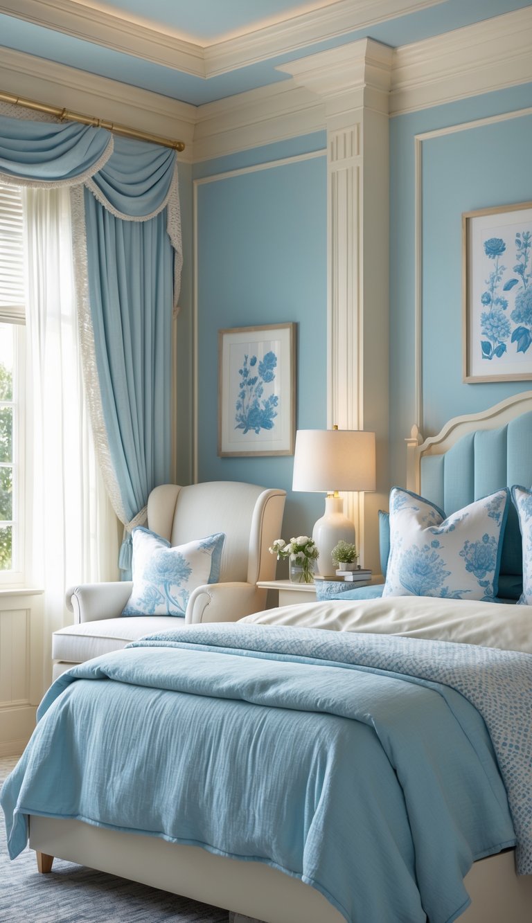 A cozy bedroom with pastel blue walls, cream trim, and blue and cream bedding and decor.
