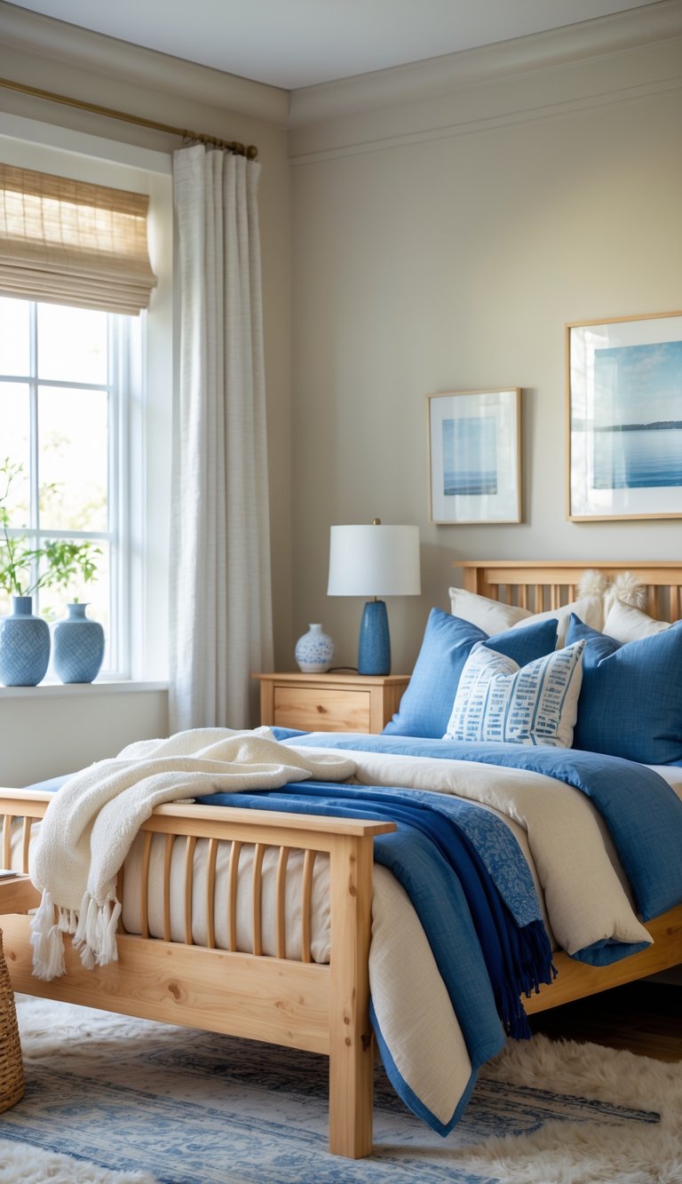A cozy bedroom with natural wood furniture, a bed with blue and cream bedding, a wooden nightstand, and soft natural light coming through a window.