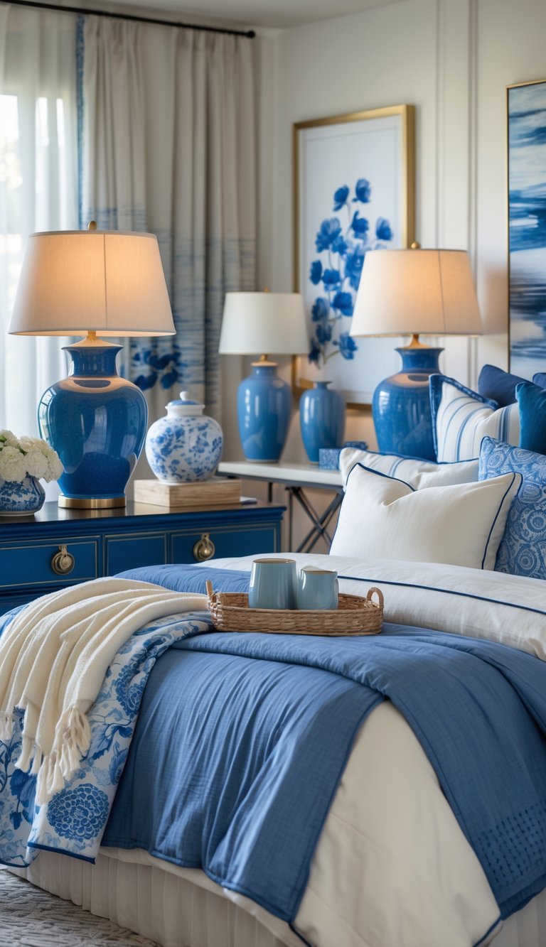 A cozy bedroom with blue ceramic lamps and cream lampshades, blue and cream bedding, and matching decor creating a warm and inviting atmosphere.