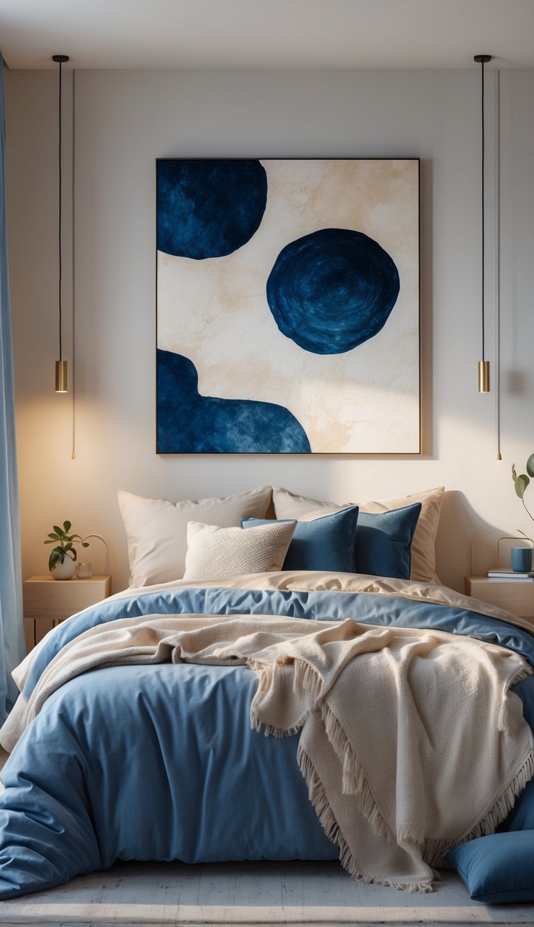A cozy bedroom with a blue and cream color scheme, featuring a bed with matching bedding and abstract wall art above it.