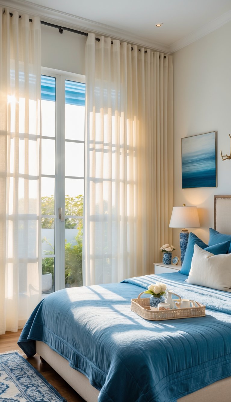 A bedroom with sheer cream curtains letting in soft natural light, featuring blue and cream bedding and decor.