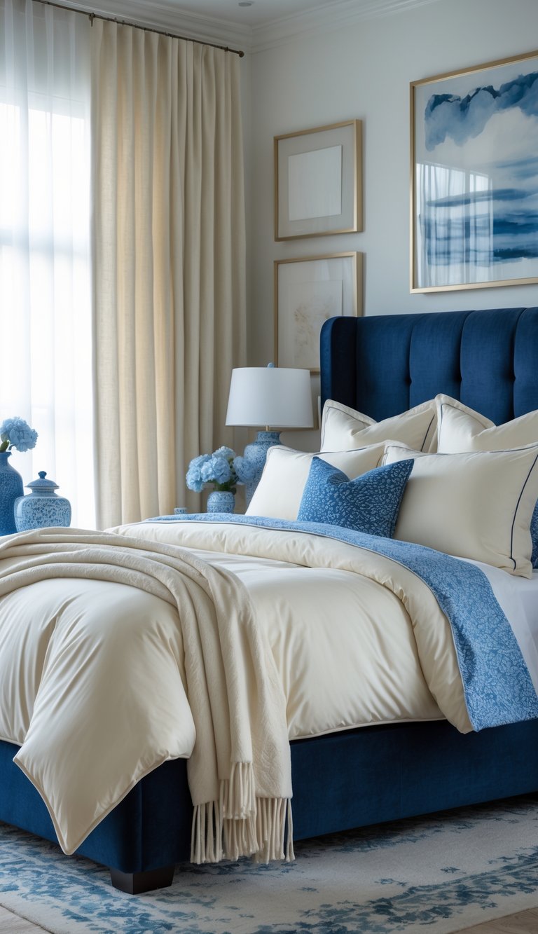 A bedroom with a navy upholstered bed and cream bedding, decorated with blue and cream accents and soft natural light.