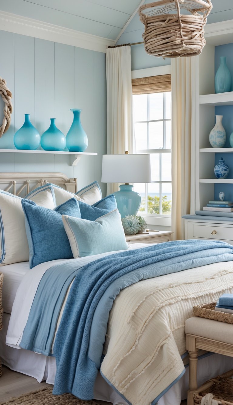 A cozy bedroom with blue and cream bedding, sea glass vases on tables, and natural light coming through a window.