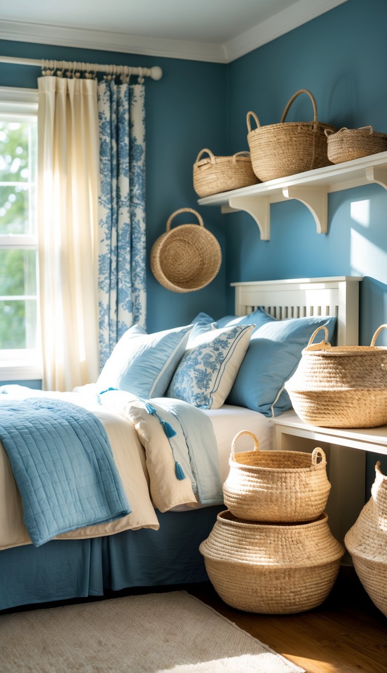 A cozy bedroom with blue and cream decor featuring woven cream-toned baskets used for storage and decoration.