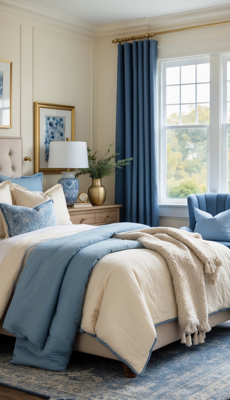 A cozy bedroom with blue and cream bedding, gold and brass accents, a wooden nightstand, and natural light coming through a window.