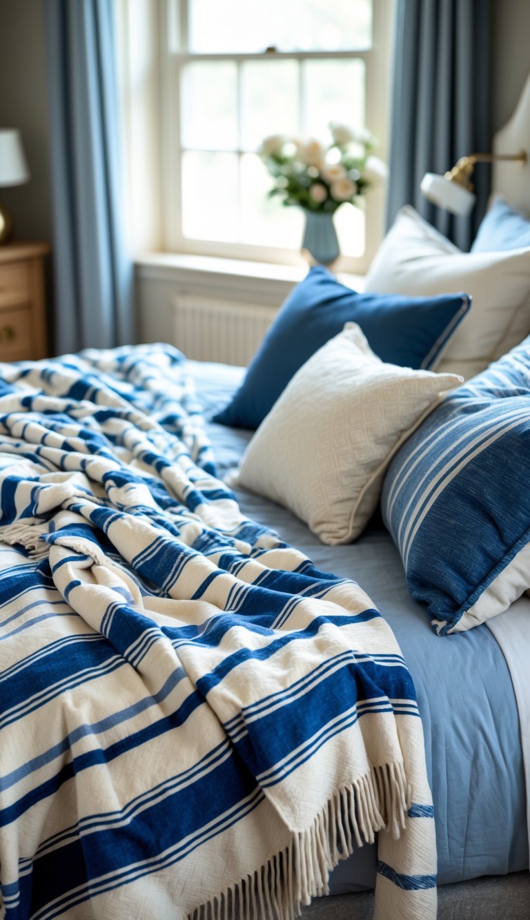 A bedroom with a bed covered in blue-striped throw blankets and cream bedding, with soft natural light and simple decor.