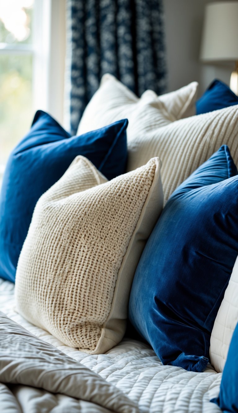 A bed with multiple blue and cream throw pillows layered together in a cozy bedroom.