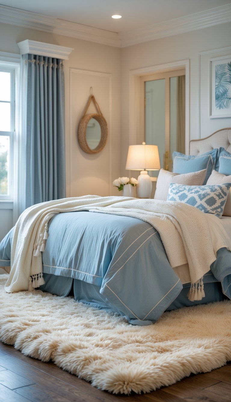 A bedroom with a cream plush rug on the floor and blue and cream bedding and decor.