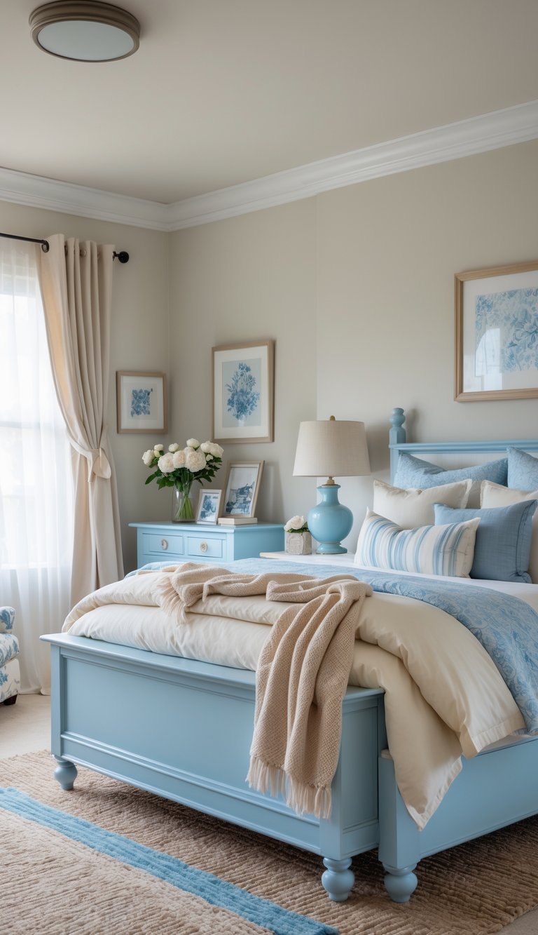A cozy bedroom with light blue furniture, a bed with cream and blue bedding, soft pillows, a bedside table with a lamp, and natural light coming through sheer curtains.