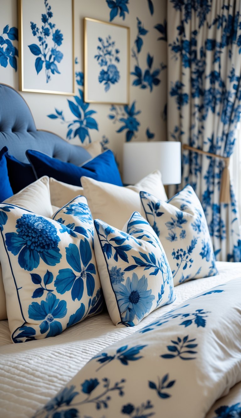 A cozy bedroom with blue and cream floral cushions on the bed and botanical prints on the walls.