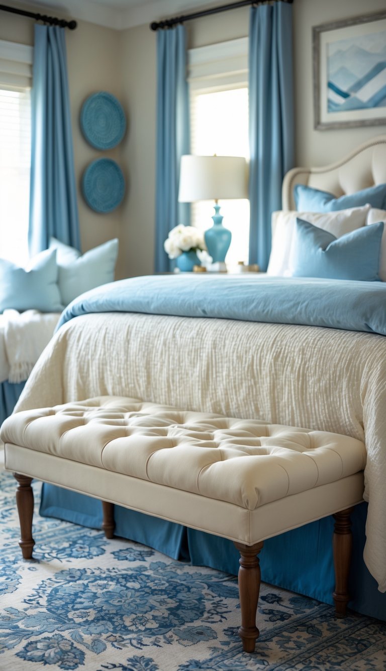 A bedroom with a cream-colored tufted bench at the foot of the bed and blue and cream decor.