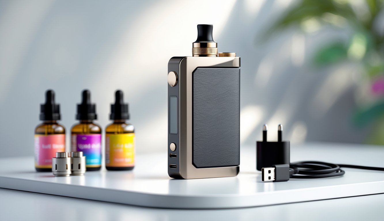 Sebuah perangkat vape modern dengan beberapa aksesori vape diletakkan di atas permukaan bersih dan minimalis.
