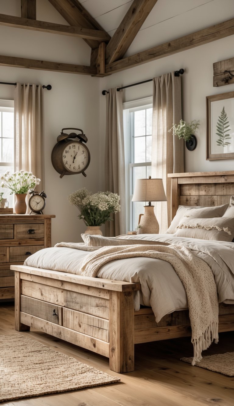 A bedroom with a wooden bed, nightstands, dresser, soft bedding, plants, and natural light coming through a window.
