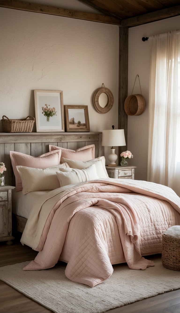 A neatly made bed with cream and blush bedding in a warmly lit bedroom with wooden furniture and decorative items.
