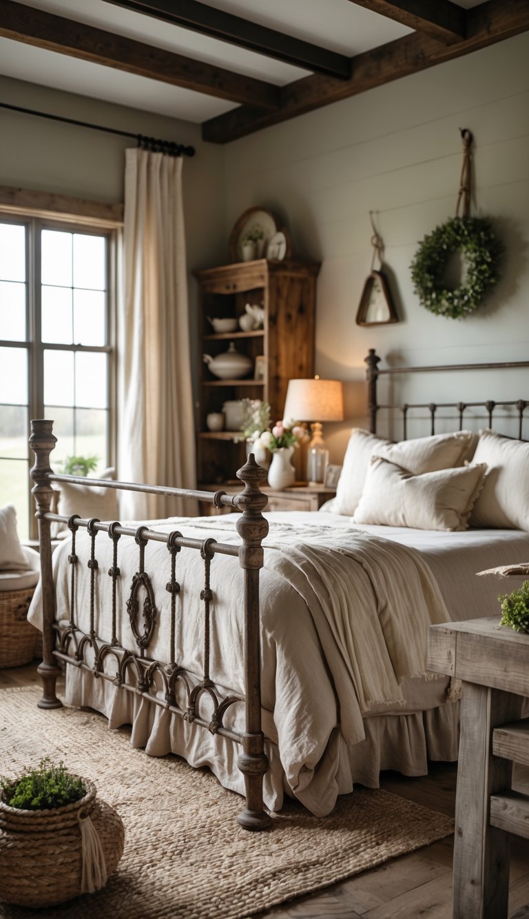 A cozy bedroom with antique iron bed frames, wooden furniture, and soft natural lighting.
