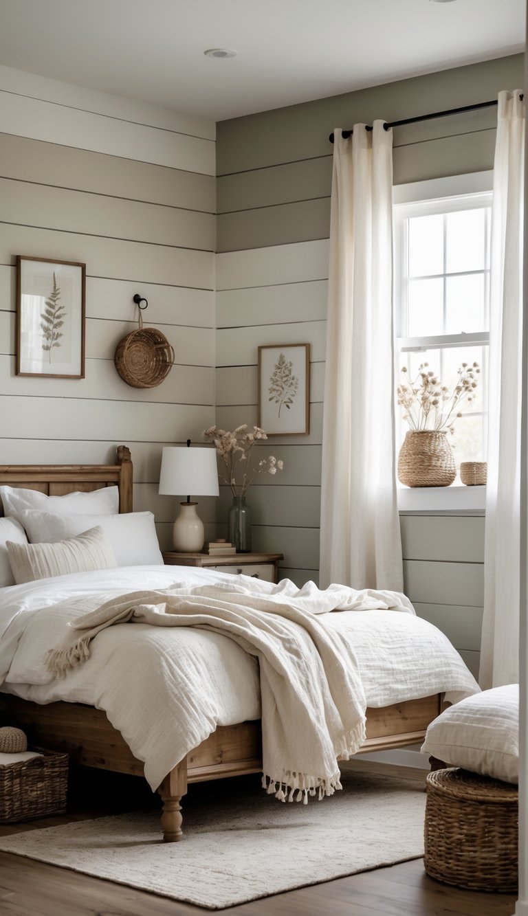 A cozy bedroom with wooden walls painted in soft neutral colors, a wooden bed with white bedding, a nightstand with a lamp, and natural light coming through a window.