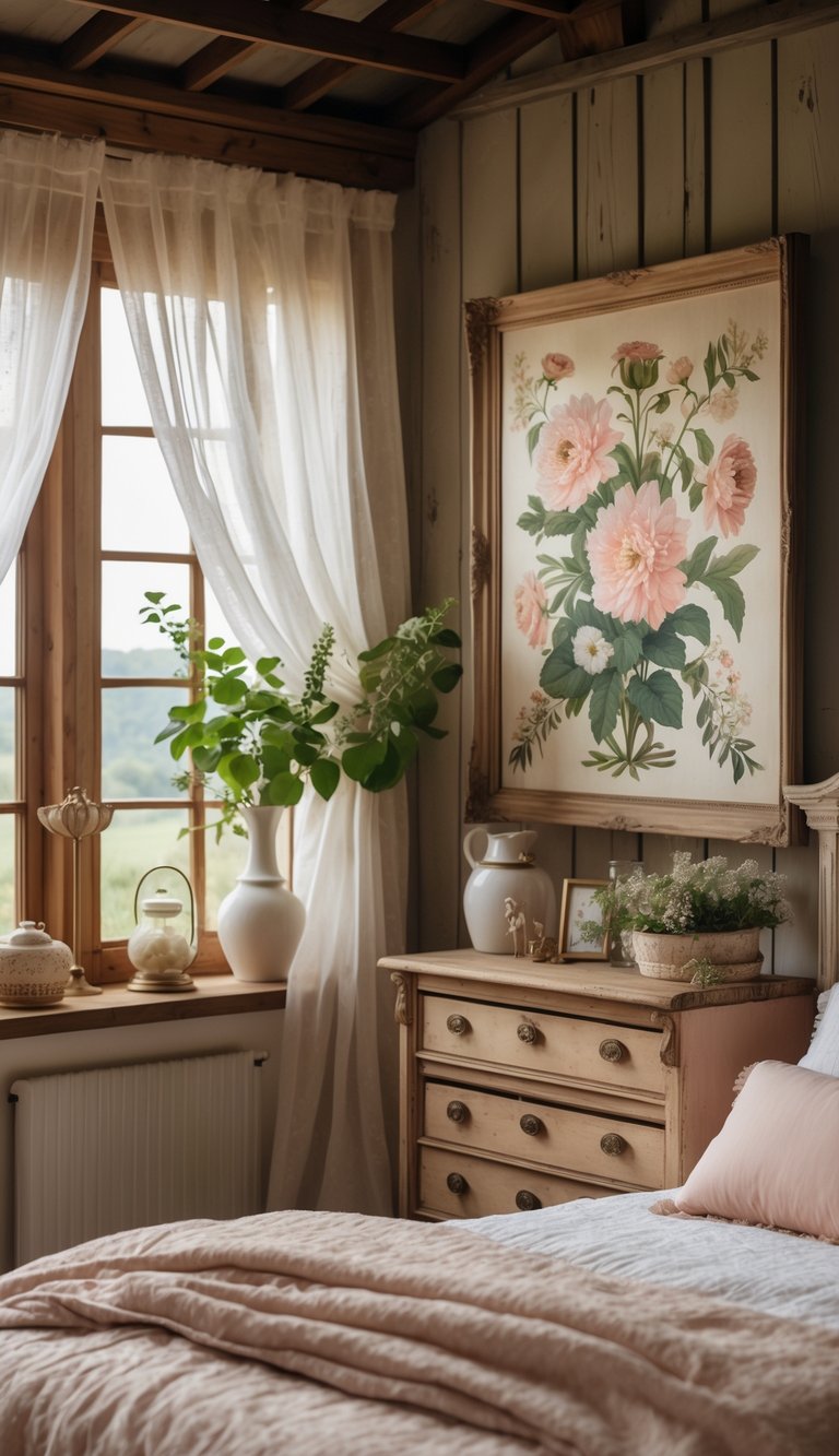A cozy bedroom with floral artwork on the wall, wooden furniture, and soft natural light.