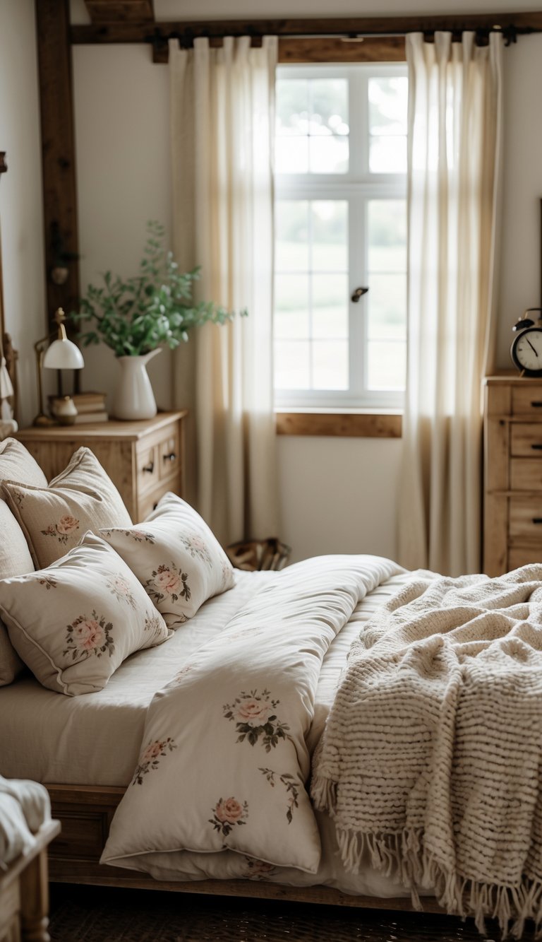 A cozy bedroom with a bed covered in plush floral pillows, wooden furniture, and soft natural light.