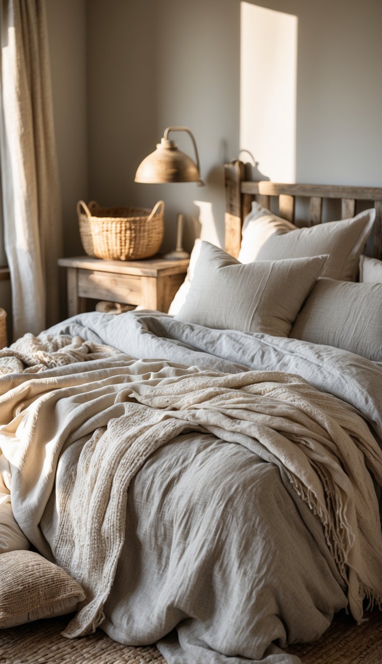 A cozy bedroom with a bed layered with linen blankets in natural colors and wooden furniture.