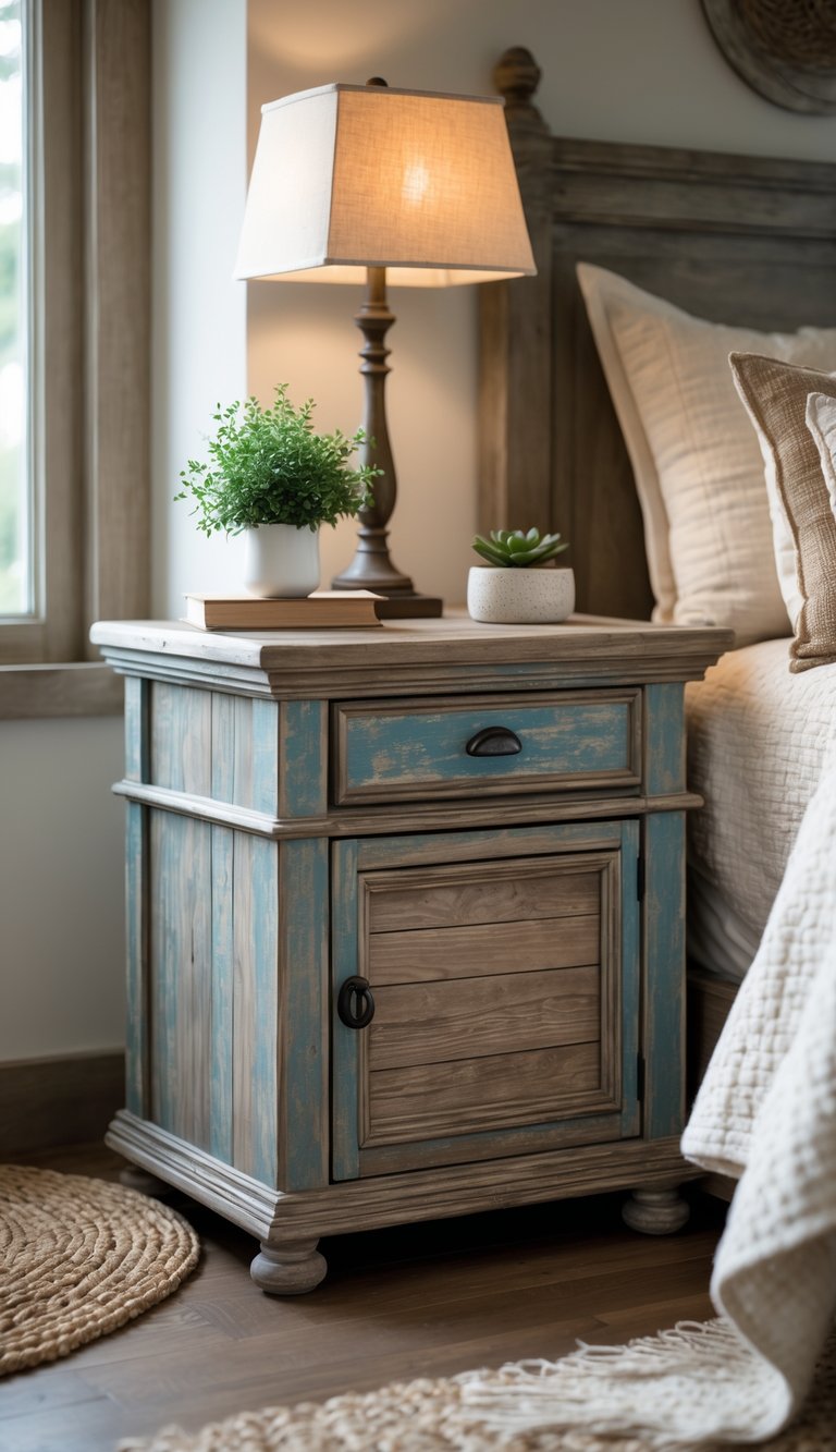 A bedroom scene with weathered wooden nightstands beside a bed, decorated with a lamp, potted plant, and books.