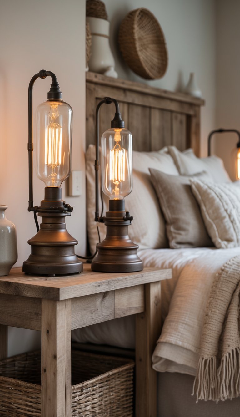 A bedroom with two vintage-style table lamps glowing softly on wooden bedside tables next to a neatly made bed.