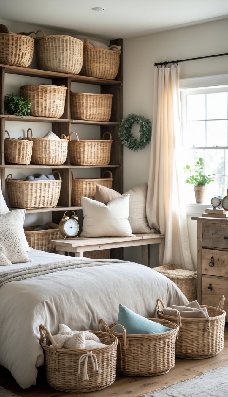 A bedroom with wicker baskets used for storage placed on shelves, a bench, and the floor, alongside a cozy bed and wooden furniture.