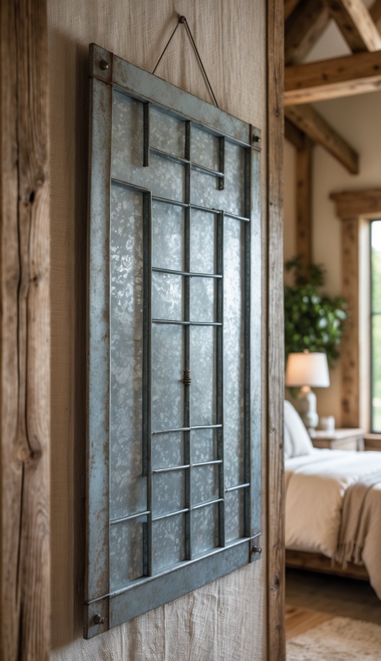 A galvanized metal wall decor hanging on a rustic textured wall in a bedroom with wooden elements and soft natural lighting.