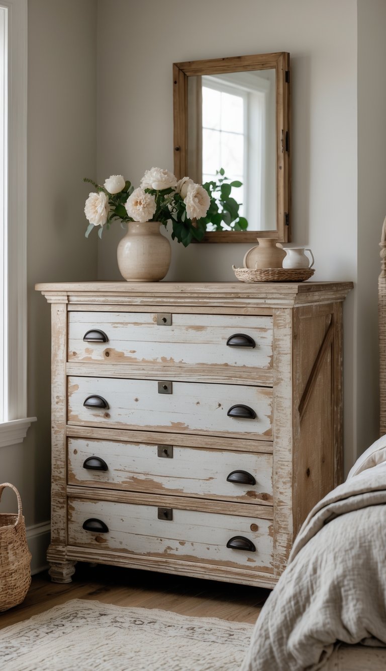 A bedroom with distressed wooden dressers featuring classic metal hardware, soft natural light, and simple decor.