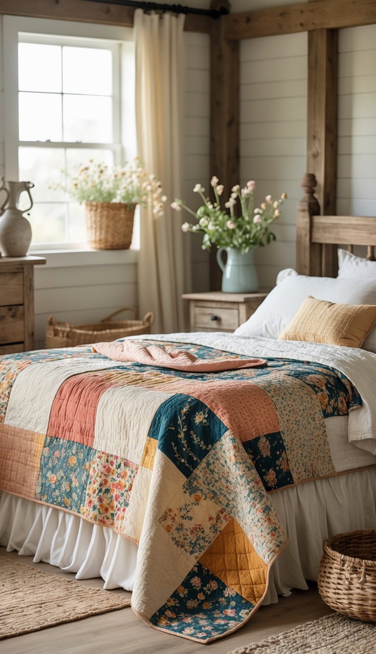 A cozy bedroom with a bed covered by a colorful patchwork quilt and rustic wooden furniture.