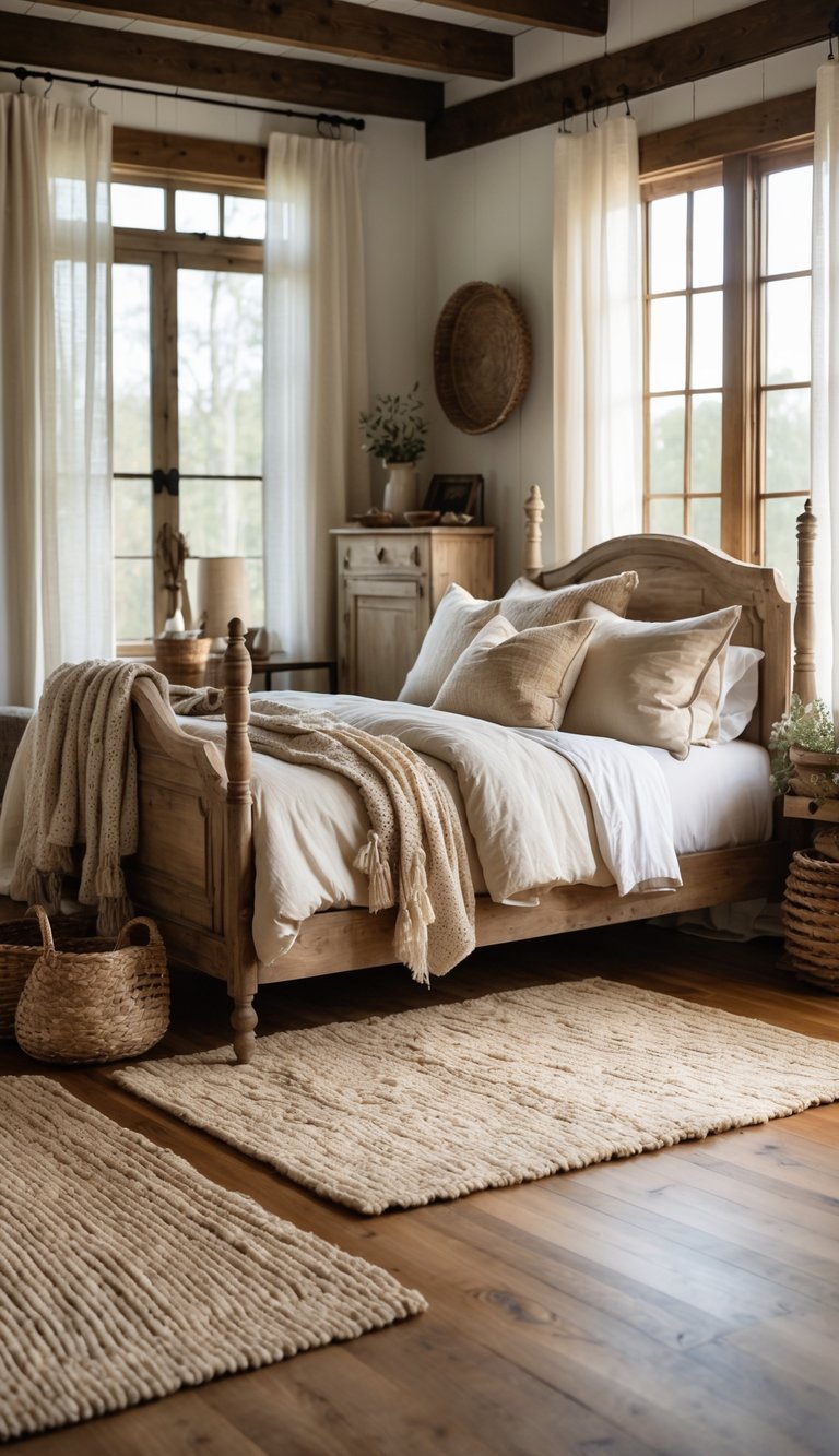 A cozy bedroom with a wooden bed, natural fiber rugs on the floor, soft lighting, and rustic decor.
