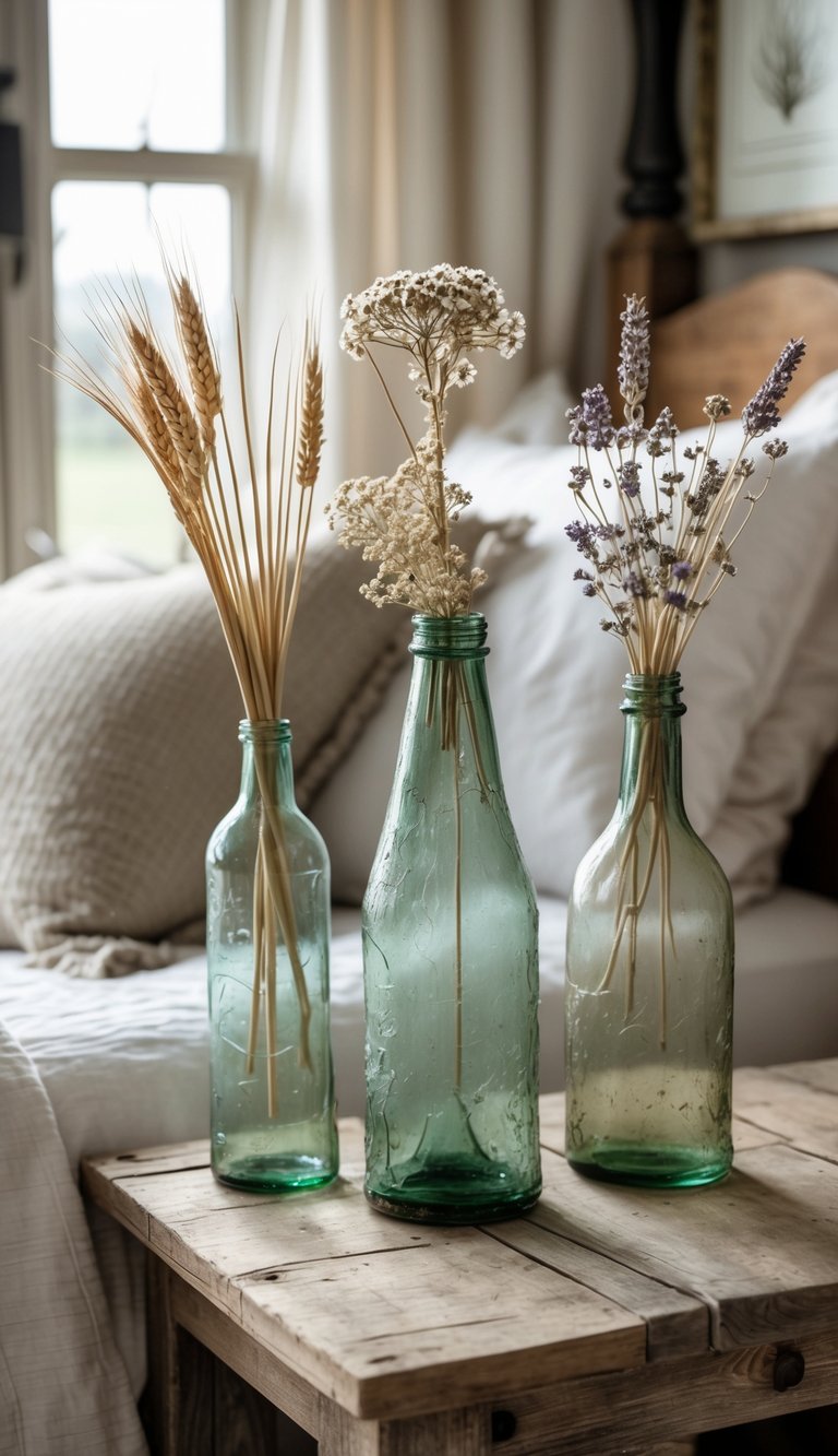 A rustic bedroom scene with aged glass bottle vases holding dried flowers on a wooden bedside table next to a neatly made bed.