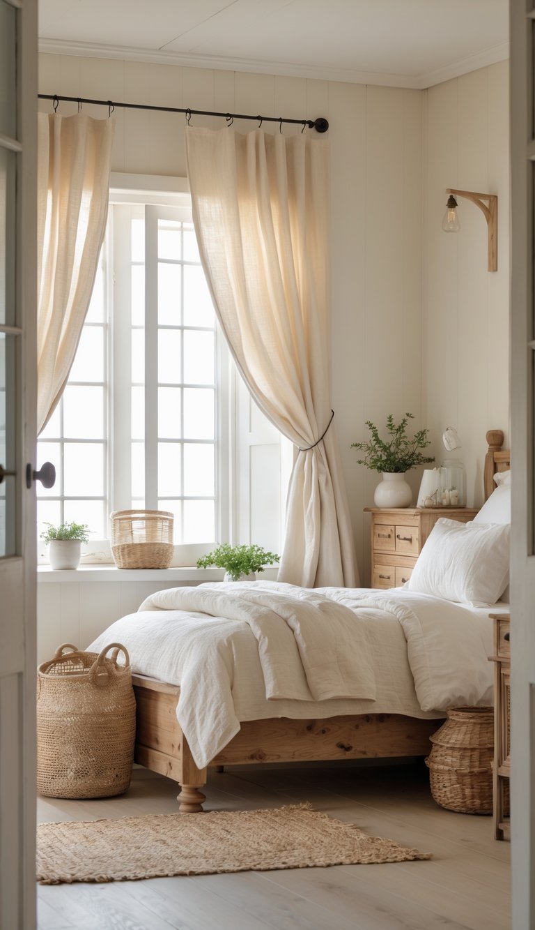 A bright bedroom with a large window covered by linen curtains, a wooden bed, and rustic furniture.