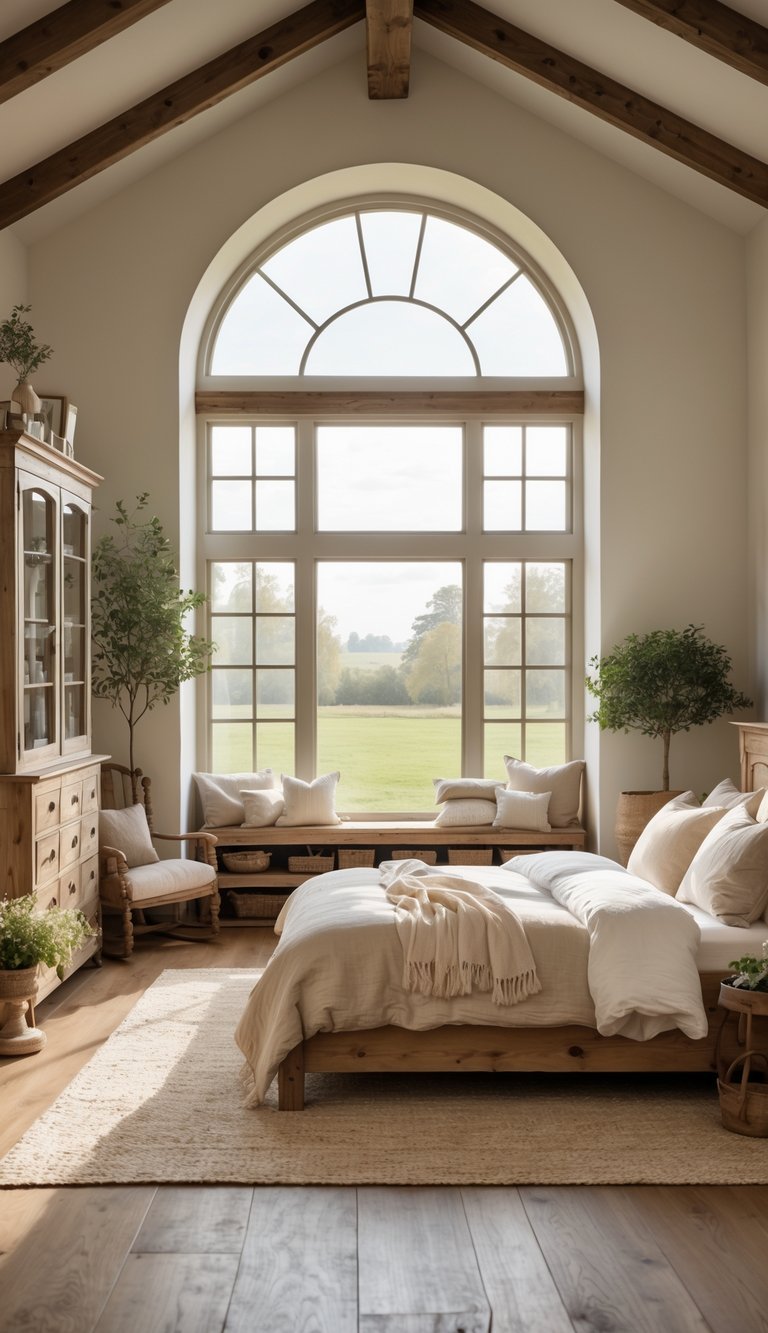 A bright bedroom with a large arched window letting in natural light, featuring a wooden bed and rustic furniture.