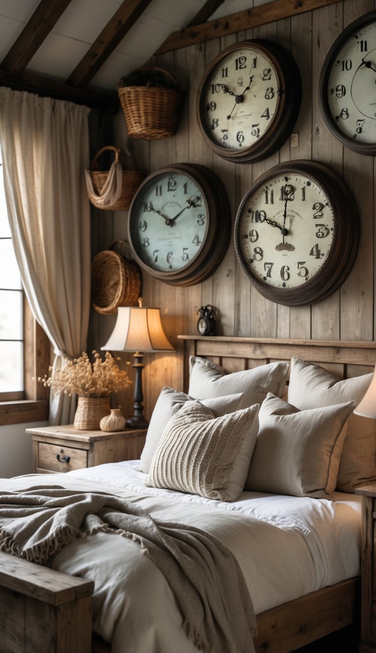 A cozy bedroom with a wooden bed, soft linens, vintage metal clocks on the wall, and warm natural light.