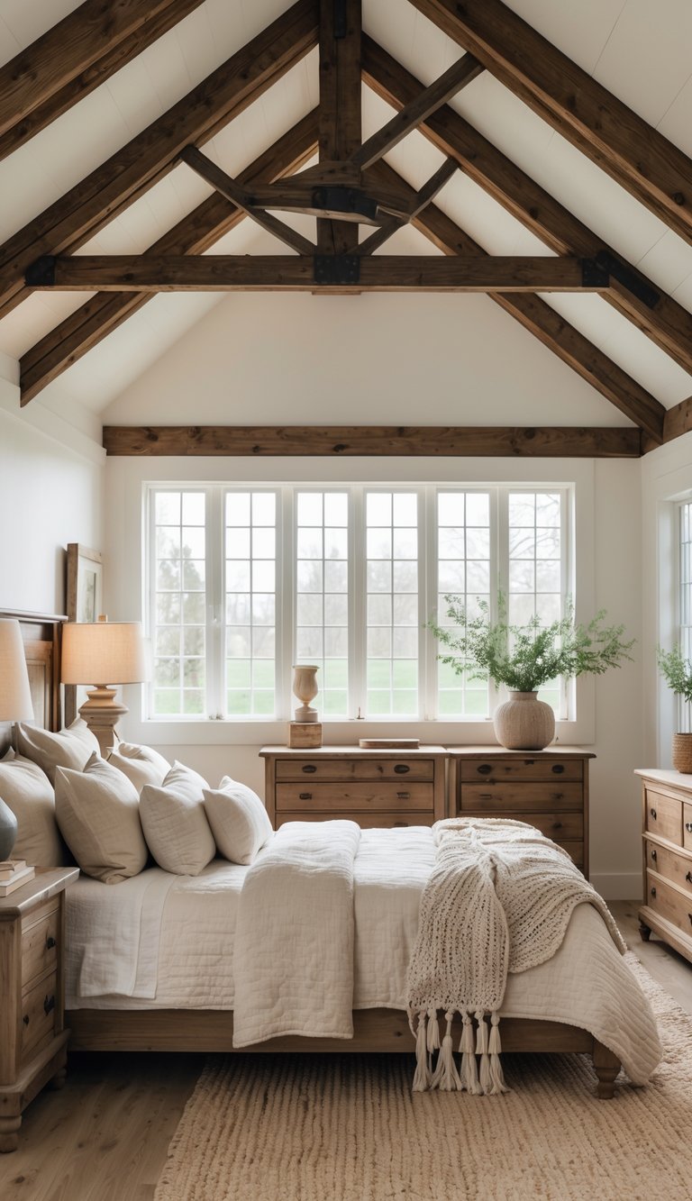 A cozy bedroom with exposed wooden ceiling beams, a neatly made bed, rustic furniture, and natural light coming through the windows.