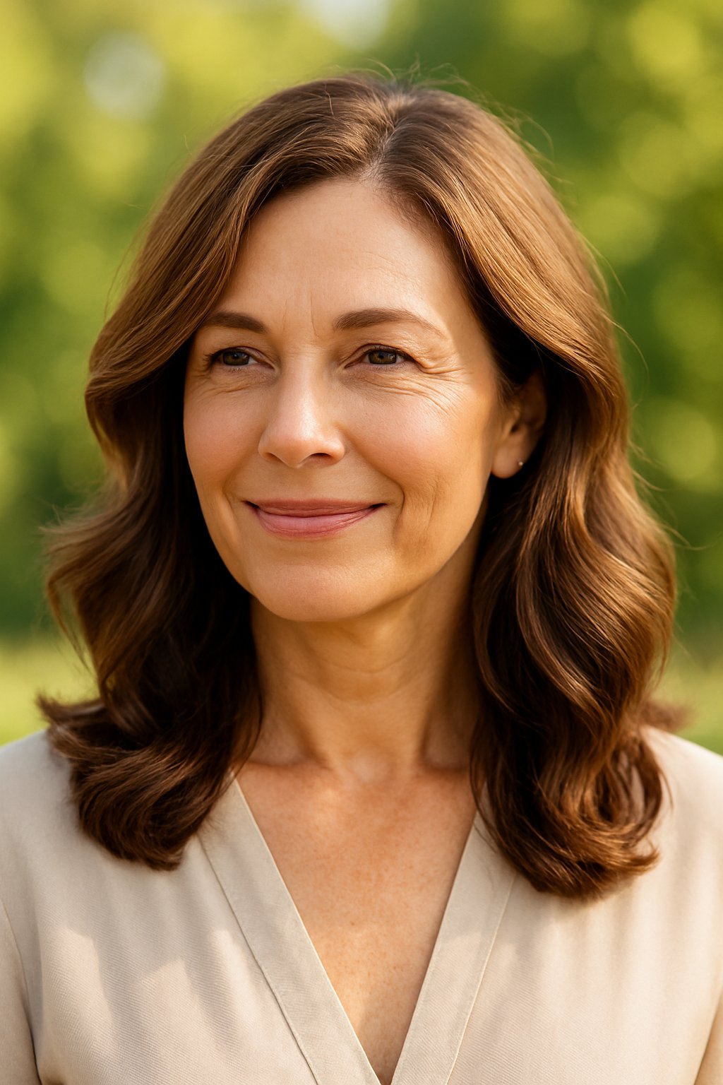 A smiling woman with wavy hair and a side part outdoors on a sunny day with green blurred background.