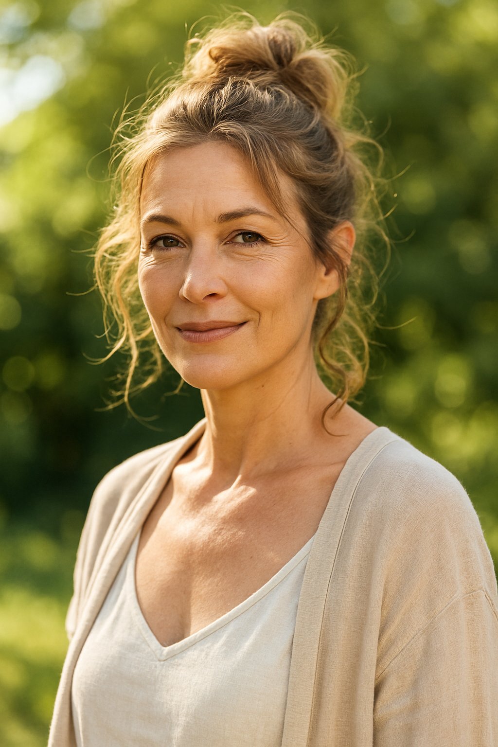 A middle-aged woman outdoors with a messy bun hairstyle and loose strands framing her face, smiling gently.
