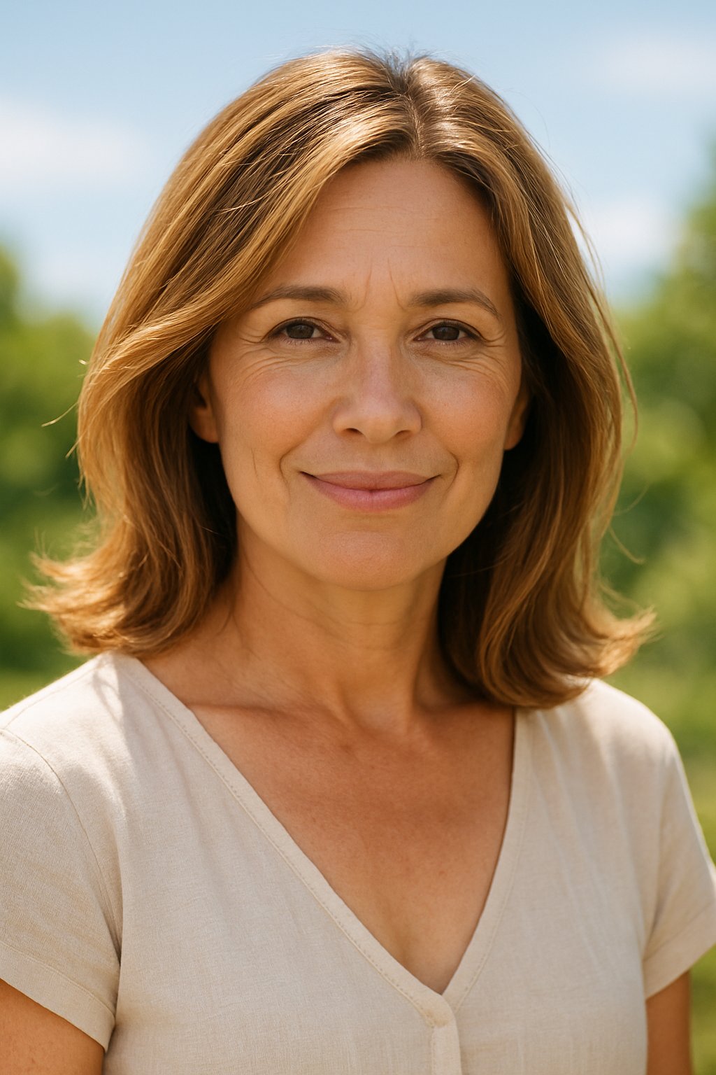 A smiling woman with shoulder-length highlighted hair outdoors on a sunny summer day.