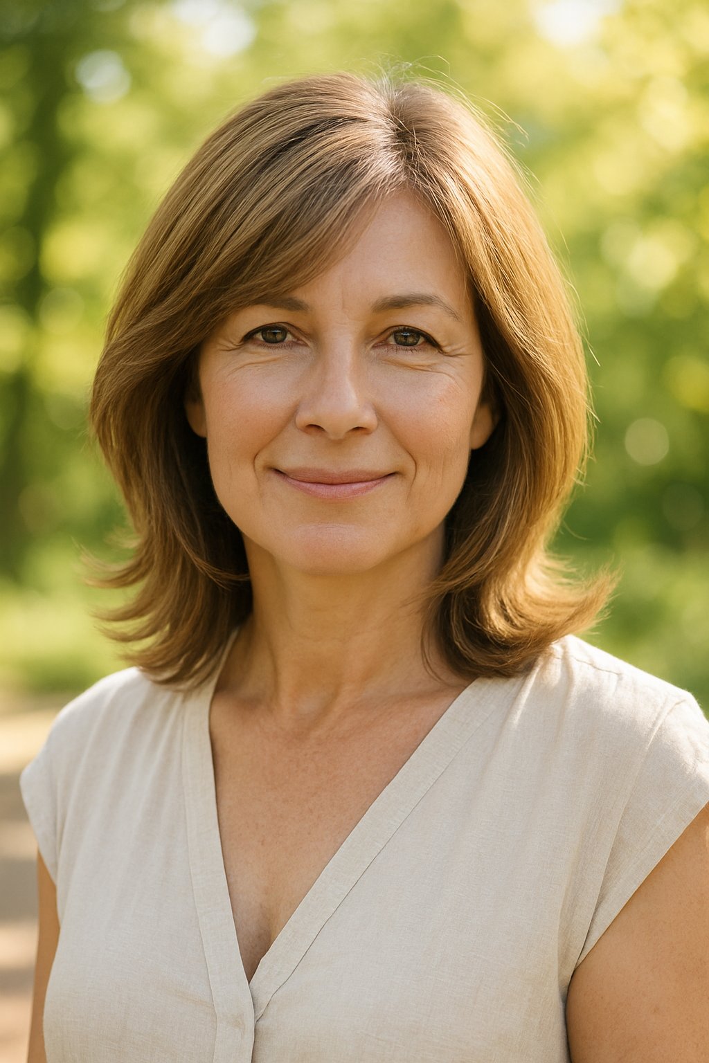 A smiling woman with medium-length layered hair outdoors on a sunny day with greenery in the background.