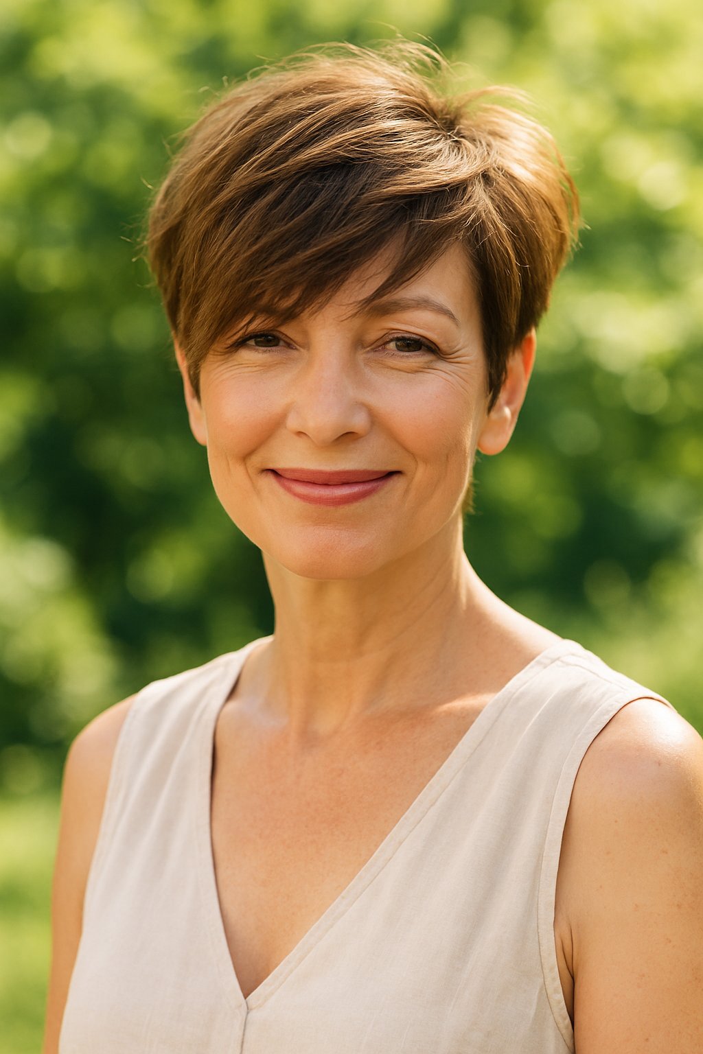 A smiling woman over 45 with short tousled hair and a long fringe, standing outdoors in a sunlit garden.
