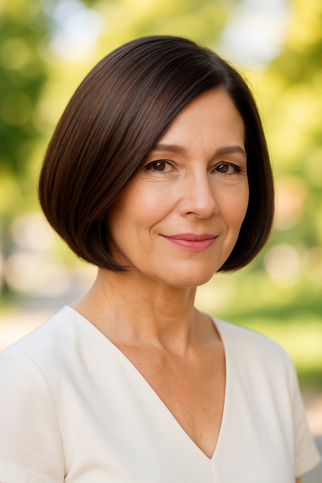 A smiling mature woman outdoors on a sunny day with a sleek bob haircut and deep side part.