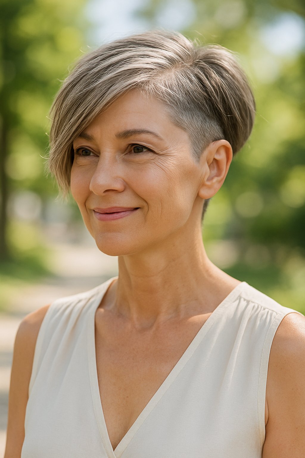 A mature woman outdoors on a sunny day, smiling gently with a short textured bob haircut and undercut.