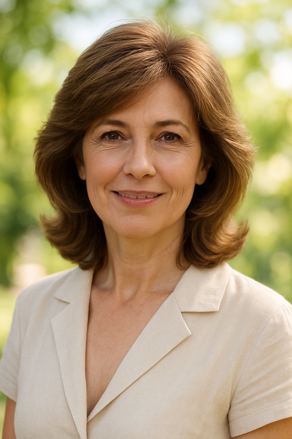 A smiling middle-aged woman with mid-length hair standing outdoors on a sunny day.