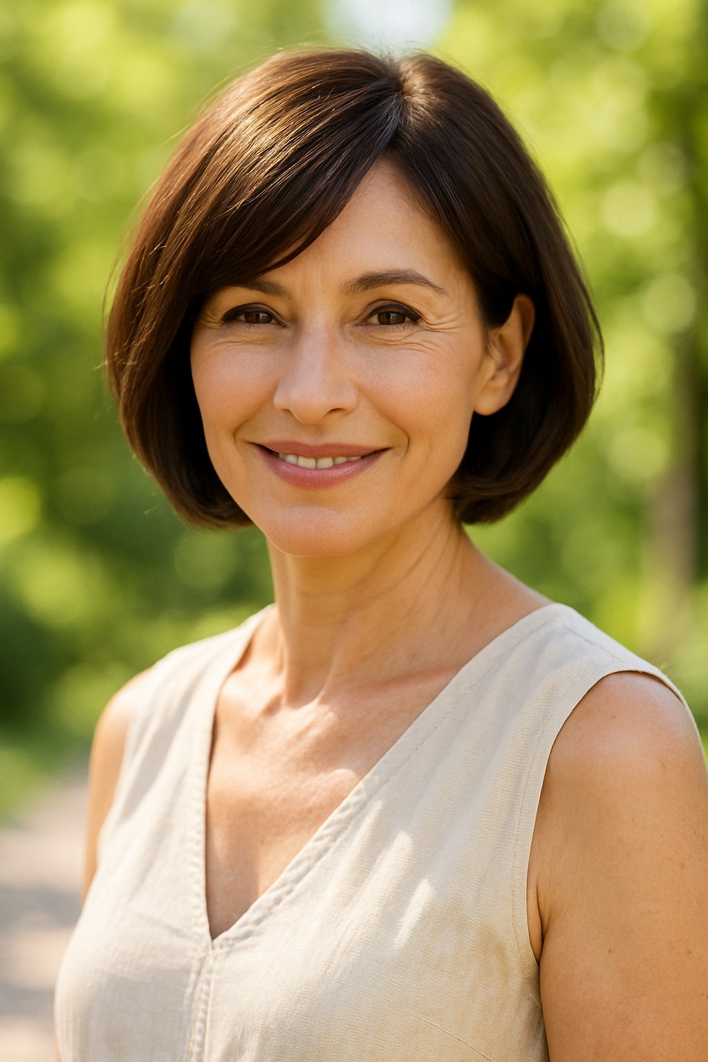 A smiling woman over 45 with short bob hair and side bangs outdoors on a sunny day.