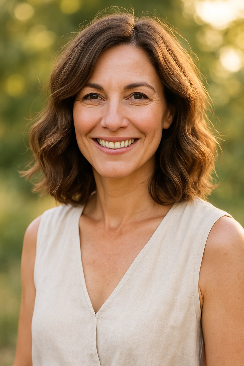 A smiling middle-aged woman outdoors with shoulder-length wavy hair and a natural background.