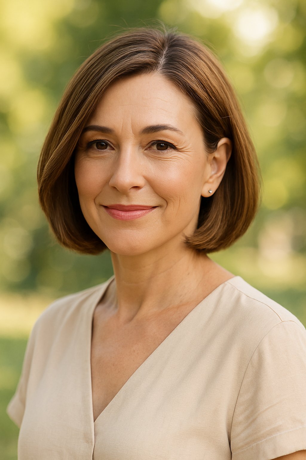 A smiling woman with a medium-length bob hairstyle standing outdoors in soft sunlight with a blurred green background.
