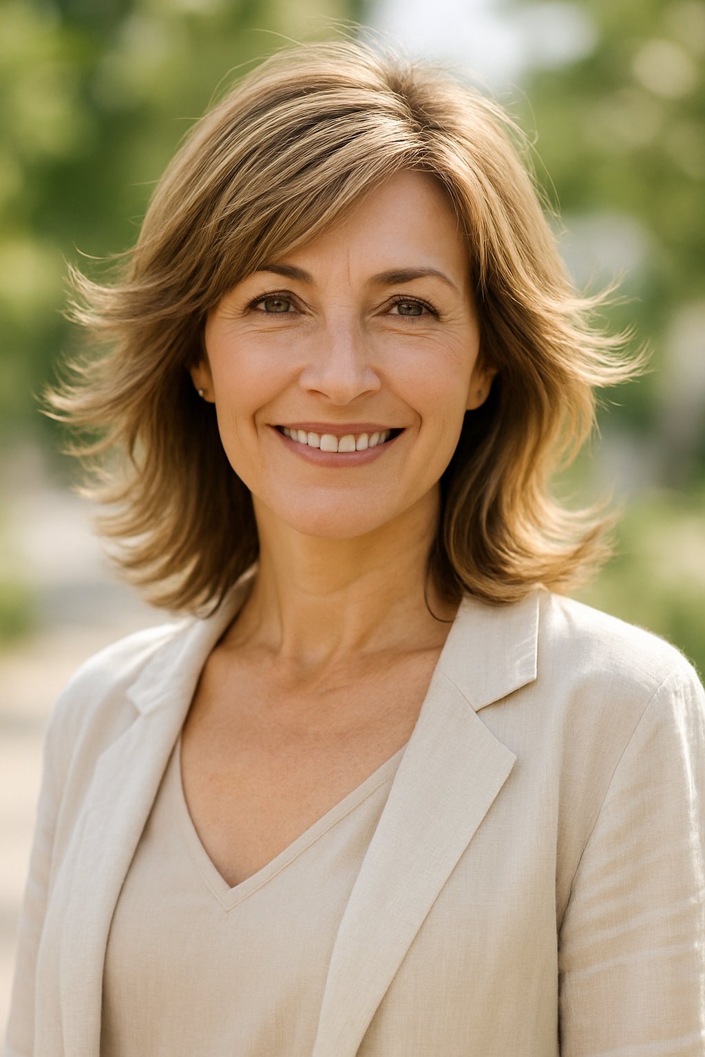 A smiling woman with layered hair and soft flicked ends standing outdoors in natural light.
