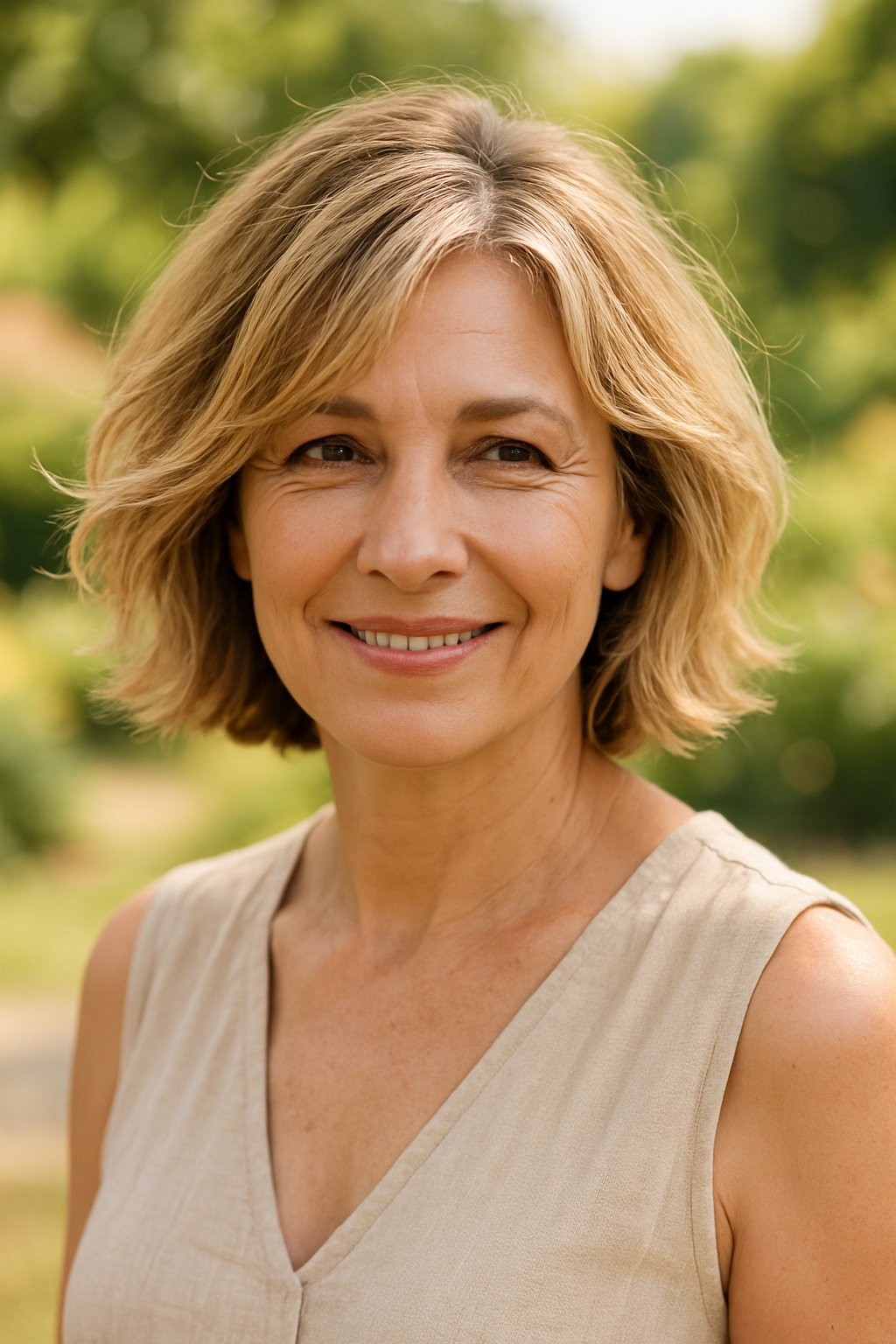 A smiling woman with a tousled bob haircut and blonde streaks standing outdoors on a sunny day.